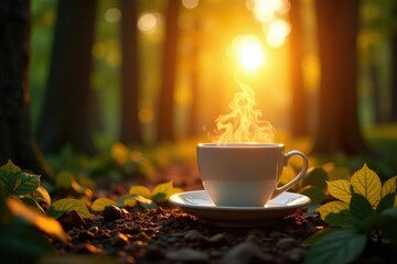 Obraz premium Golden sunrise light through the trees in a forest with a cozy tea cup, calm, branch, forest