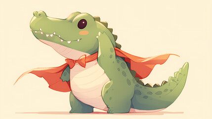 Fototapeta premium Playful cartoon crocodile in a superhero cape, standing proudly against a soft pastel background