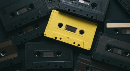 Obraz premium Arrangement of Vintage Audio Cassettes with a Vibrant Yellow Cassette Highlighted