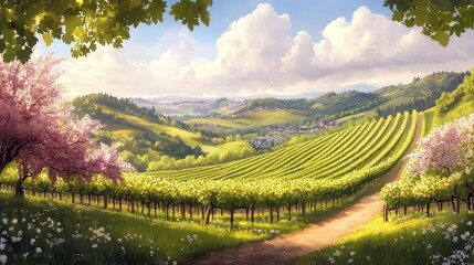 Fototapeta premium idyllic spring vineyard with rolling green hills and blossoming grapevines.