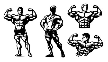 Set of posing fitness bodybuilder man. Silhouette with strong muscles. 