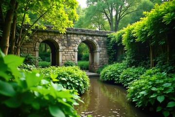 Fototapeta premium Lush greenery surrounds ancient stone structures in Padua botanical garden, vegetation, foliage, garden