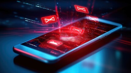mobile device with a red warning showing SMS spam, fake phishing text messages, and a system hack.
