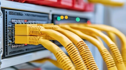 Yellow Network Cables Connected to Server Rack
