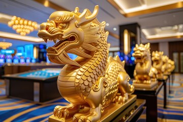 Golden dragon statues at casino las vegas decorative art luxurious environment close-up view cultural symbolism