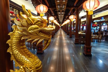 Fototapeta premium Exploring golden dragon statues in vibrant casino entertainment district photography indoor close-up cultural significance