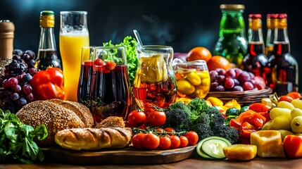 A colorful still life of food and drinks. Fresh produce, baked goods, and various beverages are artfully arranged. © Mulyadi Lim