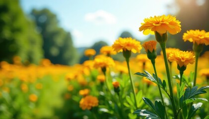 Obraz premium Tall marigold stalks with bright yellow flowers, garden, sunny, landscape