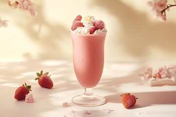 Refreshing pink strawberry milkshake served in a tall glass, topped with whipped cream, fresh strawberries, and a sprinkle of powdered sugar, creating a delightful summer treat