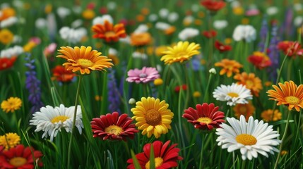 Obraz premium Vibrant flower blooms in a sunny meadow nature photography spring season close-up view colorful display