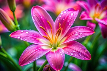 Fototapeta premium Macro photography reveals the delicate beauty of Zephyranthes, a fairy lily with intricately detailed petals.