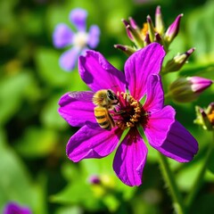 Bee collecting nectar from purple Geranium flower, nature, flowers of july