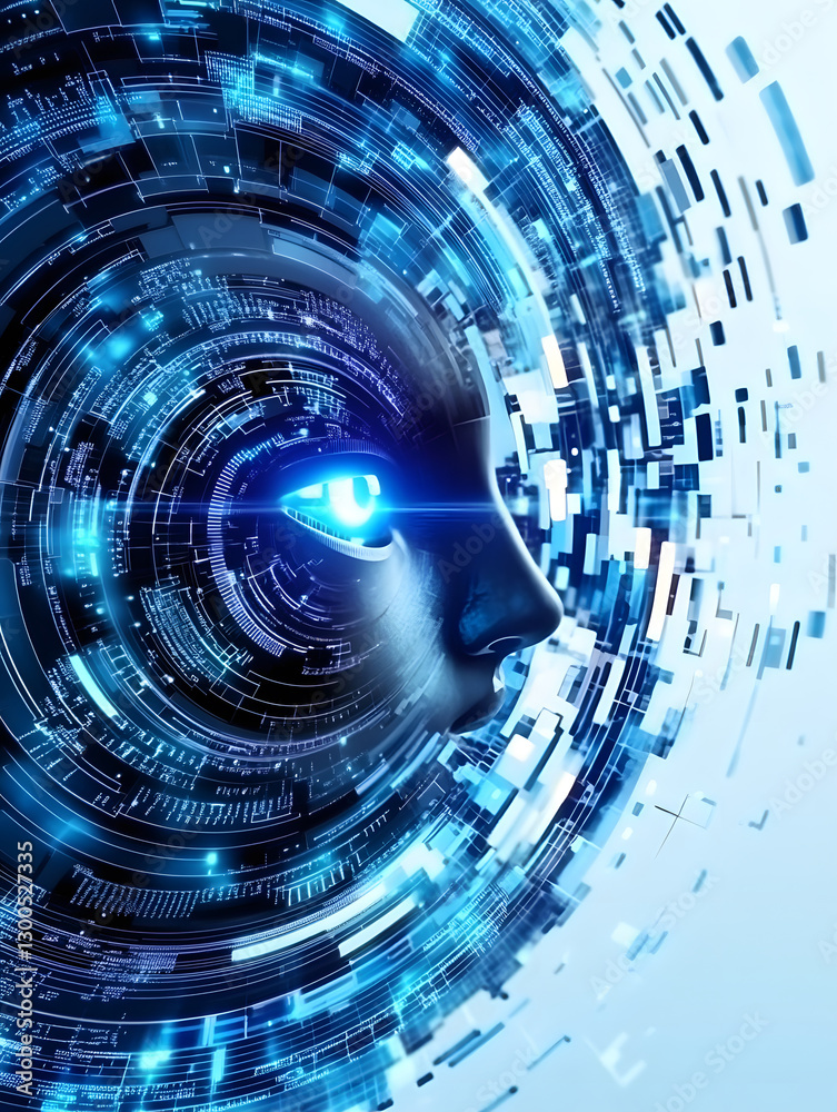 Poster futuristic digital face with glowing blue elements and swirling patterns