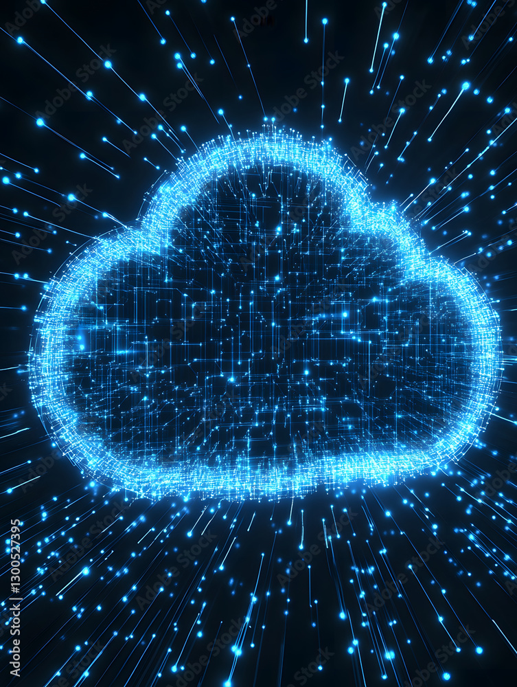 Poster digital cloud symbol with glowing particles in a dark background