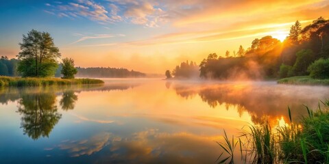 Obraz premium serene lake at dawn with misty fog and lush greenery surrounding the water's edge, reflecting the warm hues of sunrise , greenery