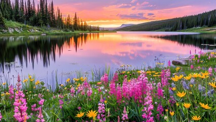 A breathtaking landscape of a serene lake surrounded by vibrant wildflowers and lush greenery at sunset, reflecting the pink and orange sky. © apratim