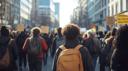 Fototapeta premium Protest march with diverse people walking down a city street.