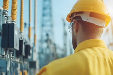 Electrical Worker Inspecting Power Grid: A worker in safety gear examines electrical infrastructure, ensuring reliable energy distribution.