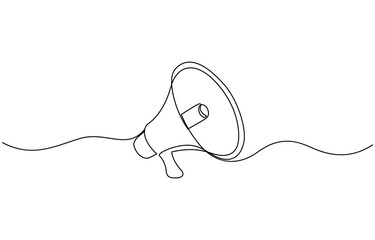 Continuous one line drawing of horn speaker signs and symbol for announcement and employee, Public horn speaker in one continuous line drawing. Megaphone announce symbol of marketing promotion.