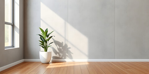 minimalist mockup of a white wall adorned with a vibrant green plant on a polished wood floor,split-color background wall creating a lively and cheerful atmosphere of modern interior design.