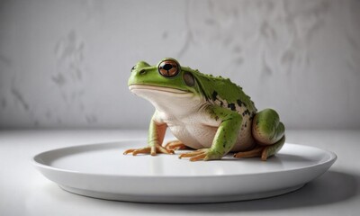 Large frog sitting under a big white plate or tray,  white,  green,  kitchen