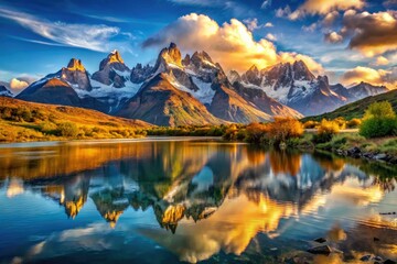Fototapeta premium Patagonian river's breathtaking reflection: Southern Hemisphere landscapes captured in stunning nature photography.