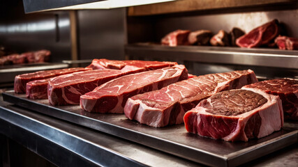 Fototapeta premium Several raw beef steaks are arranged on a stainless steel surface in a restaurant kitchen.