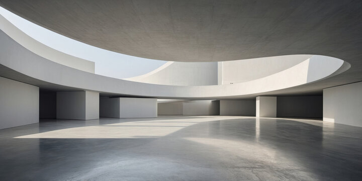 The interior of a spacious minimalist building features modern architectural design with clean lines and geometric shapes.