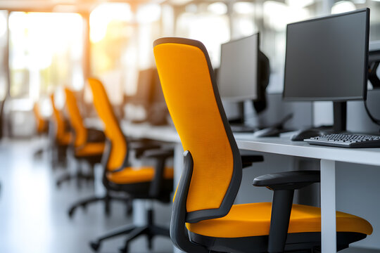 Modern office space with ergonomic seating and computer workstations in a brightly lit open plan environment, ready for productivity.