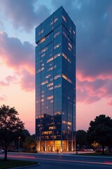 Modern skyscraper with sleek glass facade at dusk, modern architecture, urban landscape