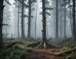 Obraz premium Moody misty forest with layered tree trunks and foliage, leafy greens, nature's decay