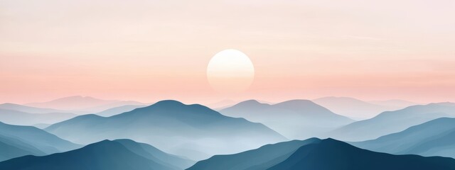 Obraz premium Serene Sunrise Over Layered Mountains with Soft Pastel Sky Hues