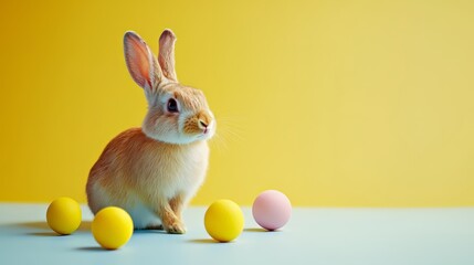 Obraz premium cute rabbit sitting on pastel block with colorful spheres on yellow background, geometrical copy space banner for easter 