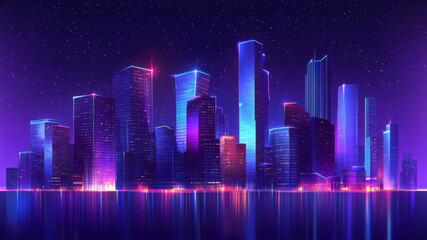 Futuristic neon city skyline glowing in vibrant blue and purple tones at night