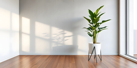 minimalist mockup of a white wall adorned with a vibrant green plant on a polished wood floor,split-color background wall creating a lively and cheerful atmosphere of modern interior design.