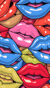 Collection of shiny lucious plastic lips in a jumbled group - closeup and colorful, hand-drawn digital illustration. with white shades