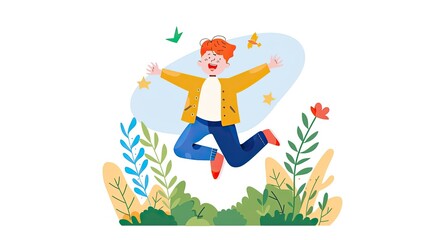 Fototapeta premium Joyful child leaping amidst vibrant plants outdoor illustrative artwork whimsical playful spirit
