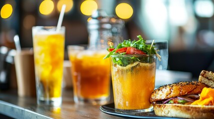 Fototapeta premium Refreshing Brunch Beverages and Gourmet Sandwich