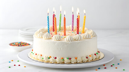 A delicious frosted birthday cake with vibrant lit candles, ideal for greeting cards, bakery branding, and celebration themes. White background