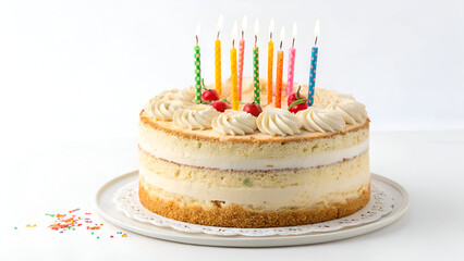 A delicious frosted birthday cake with vibrant lit candles, ideal for greeting cards, bakery branding, and celebration themes. White background