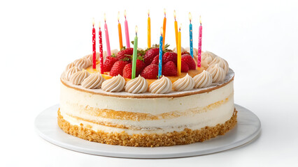 A delicious frosted birthday cake with vibrant lit candles, ideal for greeting cards, bakery branding, and celebration themes. White background