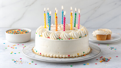 A delicious frosted birthday cake with vibrant lit candles, ideal for greeting cards, bakery branding, and celebration themes. White background
