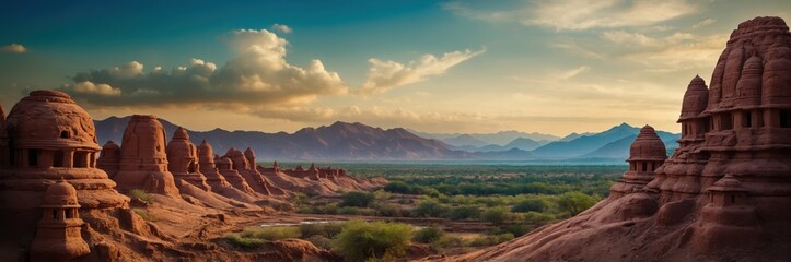 Fototapeta premium Ancient Temples Landscape Panorama. Mountains, Desert Vista and Cloudy Sky Horizon
