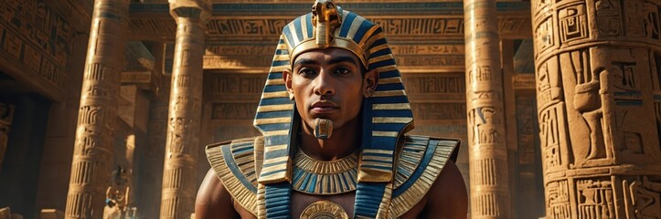 Obraz premium Portrait King Tutankhamun Pharaoh Adorned Gold Blue Headdress Ancient Egypt Hieroglyphs Legacy
