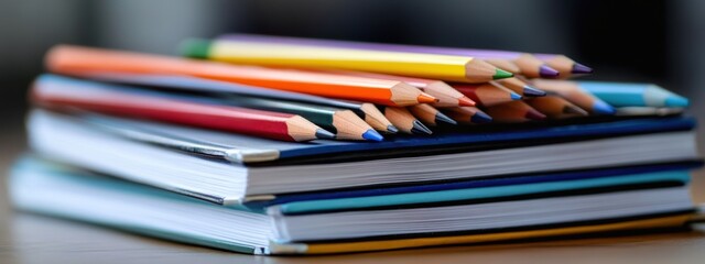 Colorful Pencils Resting on Stacked Notebooks in a Bright Space