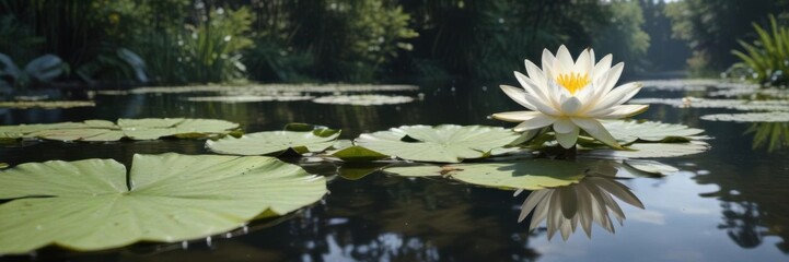 White water lily with large white leaf, serene lake landscape, waterlily,  outdoors,  nature