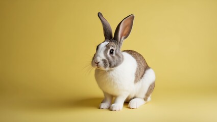 Obraz premium Cute Rabbit Portrait on Yellow Backdrop. Fluffy Pet with Long Ears and Sweet Expression