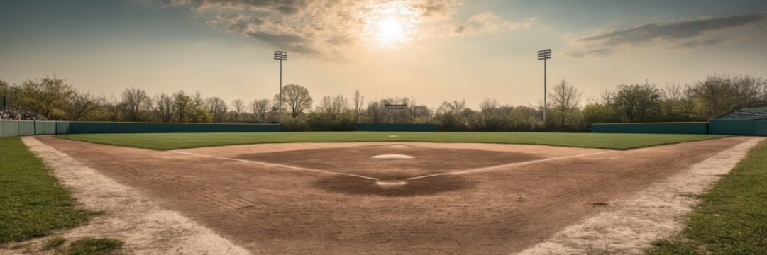 Serene Baseball Field View.  Diamond, Sunlight, Green Grass and Cloudy Skies above