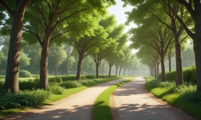 A line of healthy, green trees along a winding park path,  park path,  trees