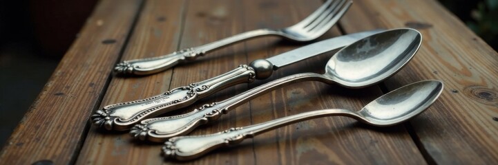Naklejka premium Antique silverware on wooden table, empty tag, old silver, collectible